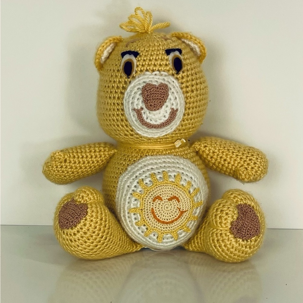 VTG Handmade Crocheted 12’’Care Bear Sunshine Bear Yellow Sun Hearts